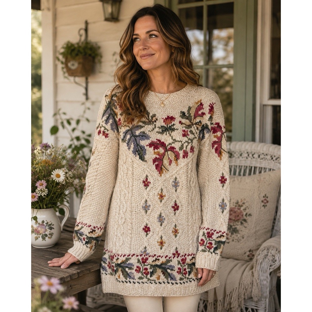 Vintage Bushwacker Ramie Cotton Knit Grannycore Cottagecore Floral Sweater LG